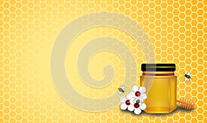 Honey bottle and honeycomb with three bees on manuaka flowers