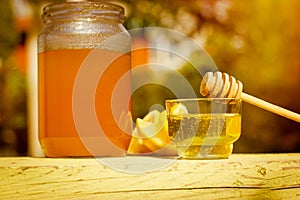 Honey in bowl and jar