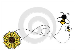 honey bumble bee flying and sun flower vector background poster illustration