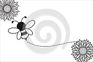 honey bumble bee flying and sun flower vector background poster illustration