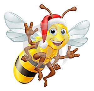 Honey Bumble Bee in Santa Christmas Hat Cartoon