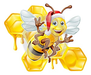 Honey Bumble Bee in Santa Christmas Hat Cartoon