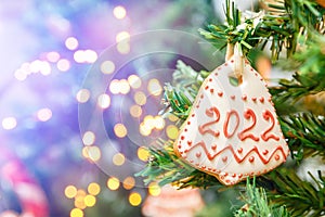 Honey cake of 2022 on the Christmas tree with festive lights