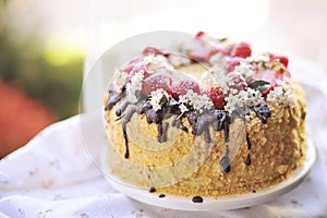 Honey cake, decorated with berries and chocolate. sweet family dinner. holiday cake. on the balcony breakfast,