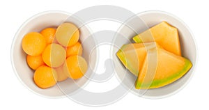 Honey Cantaloupe melon slices and balls, in white bowls