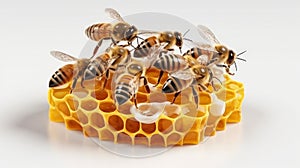 Honey cell with bees on white background. Generative AI