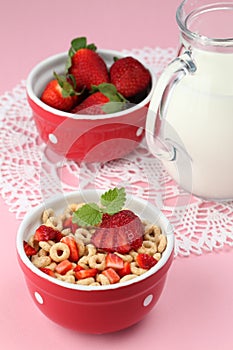 Honey cereals with strawberries and milk