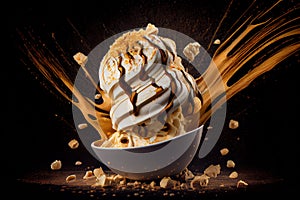 Honey and Chocolate Syrup Dripped on Butterscotch Ice Cream Bowl Dork Backdrop AI Generative photo