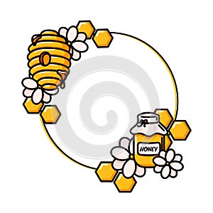 Honey circle yellow and black frame vector illustration. Round template with bee honey jar, flowers, beehive, hive and