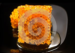 Honey close-up. Amber sweet honey in honeycomb. Square cut piece of honeycomb with honey on a black background