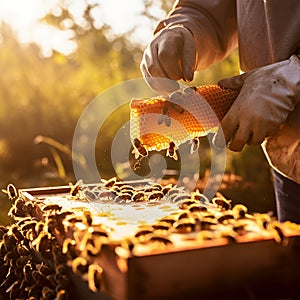 Honey comb with bees and extracting honey, soft lights generated by AI
