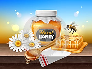 Honey composition. Glass jar, wooden spoon with dripping syrup, chamomile flowers, flying bee. Realistic isolated