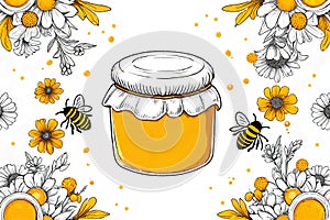 Honey composition. Honey pot. Vintage hand drawn bee and honeyed flower