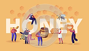 Honey Concept. Characters with Honeycomb, Spoon, Jar. People Extracting and Eating Sweet Bee Production