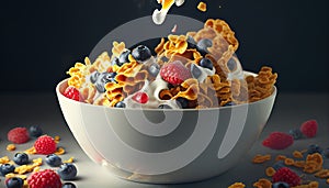 honey Cornflakes with fresh fruits Raspberry, and blueberries, and pouring milk into the bowl. Generative AI.