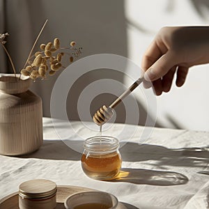 Honey dipper drizzling honey into jar