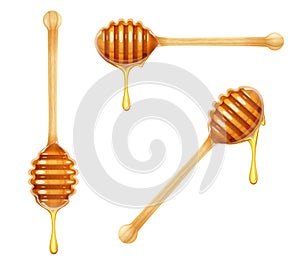 Honey Dipper. Set of Wooden Spoon for liquid sweetness. Vector illustration. photo