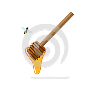 Honey dipper vector, wooden stick amd flowing drop, flying bee