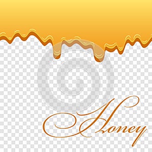 Honey drip 3D seamless pattern. Bee drop syrup food, isolated transparent background. Gold oil liquid molten design