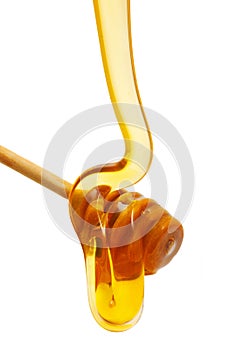 Honey drip from wooden dipper isolated