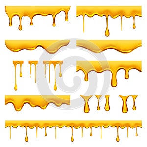 Honey dripped. Liquid golden oil or sauce food drops caramel splash and flowing vector realistic template