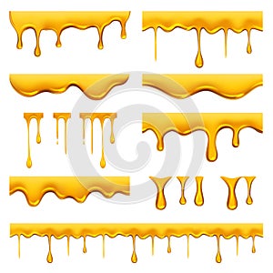 Honey dripped. Liquid golden oil or sauce food drops caramel splash and flowing vector realistic template photo