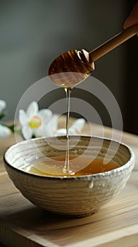 Honey dripping from dipper into bowl