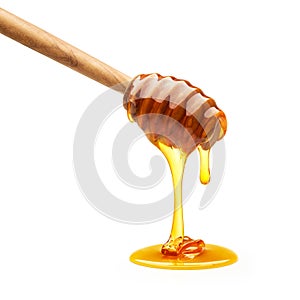 Honey dripping from dipper isolated