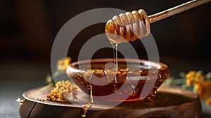 Honey dripping from honey dipper in wooden bowl. Close-up. Healthy organic Thick honey dipping from the wooden honey spoon,