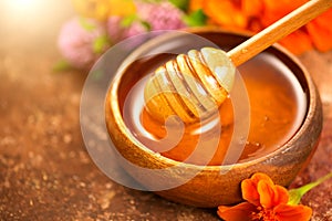 Honey dripping from honey dipper in wooden bowl.  Close-up. Healthy organic Thick honey dipping from the wooden honey spoon