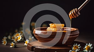 Honey dripping from honey dipper in wooden bowl. Healthy organic Thick honey dipping from the wooden honey spoon, generative ai