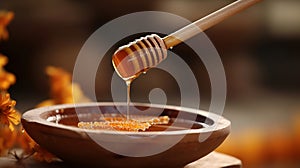 Honey dripping from honey dipper in wooden bowl. Healthy organic Thick honey dipping from the wooden honey spoon, generative ai