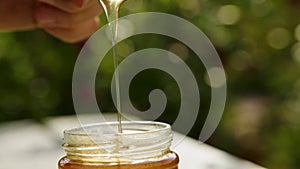 Honey dripping from metal teaspoon dipper into a glass jar during summer