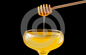 Honey dripping, pouring from honey dipper into glass bowl on black background. Healthy organic thick honey dipping from