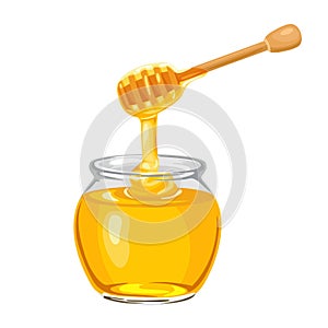 Honey dripping from wooden dipper. Glass jar full of pure honey isolated on white background. Vector illustration