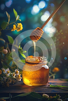 Honey dripping from wooden honey dipper in jar on blurred background of flowers leaves and sun