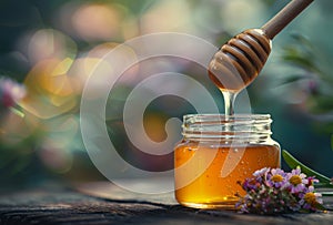 Honey dripping from wooden honey dipper in jar on blurred background of flowers summer nature
