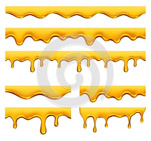 Honey dripping. Yellow syrup liquid golden oil drops and splashes vector realistic template