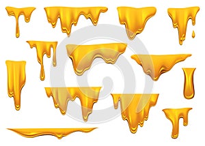 Honey drippings on white background. Sweet yellow collection of delicious melted honey drops. Golden flow syrup, caramel