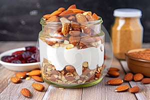 honey-drizzled greek yogurt parfait with almond slices