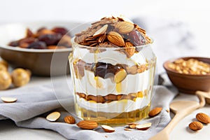 honey-drizzled greek yogurt parfait with almond slices