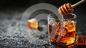 Honey-drizzled whiskey rocks glass on dark surface