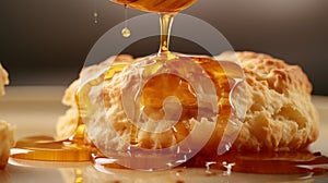 Honey drizzling on a biscuit close up