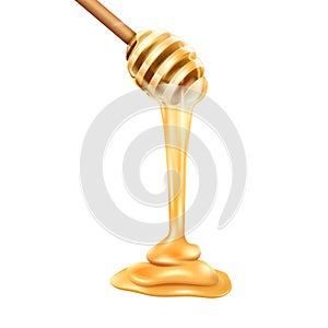 Honey drop, wood drip, gold syrup. Liquid golden orange food, healthy wood spoon stick, fresh natural dessert. Liquid