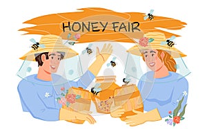 Honey fair poster template with hiver man and woman, flat vector isolated.