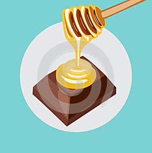 Honey falling from honey dipper on chocolate piece flat design