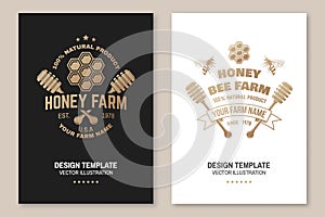 Honey farm badge. Vector. Concept for poster, flyer, template. Vintage typography design with honeycomb piece and honey