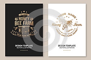 Honey farm badge. Vector. Concept for poster, flyer, template. Vintage typography design with honeycomb piece and honey