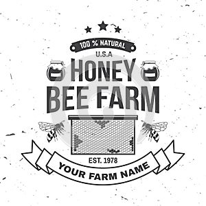 Honey farm badge. Vector. Concept for shirt, print, stamp or tee. Vintage typography design with bee, honeycomb piece