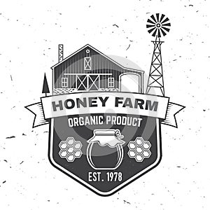 Honey farm badge. Vector. Concept for shirt, print, stamp or tee. Vintage typography design with honey silhouette. Retro